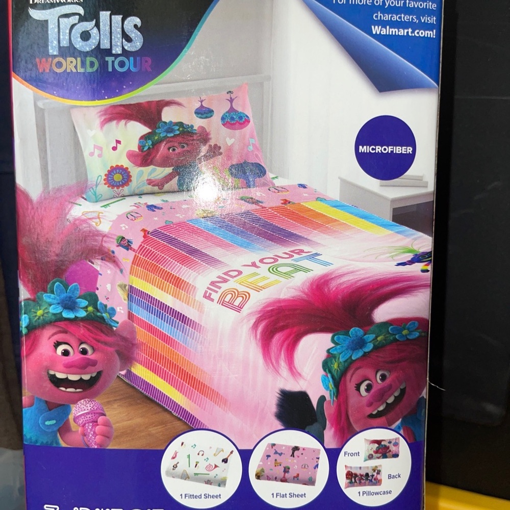 Trolls World Tour 3 Piece Microfiber Twin Sheet Set Pillowcase Kids NEW